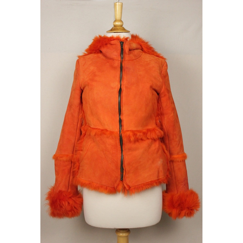Vera Pelle Italy Statement Jacket Orange Suede Hair On Hide Hooded Coat S